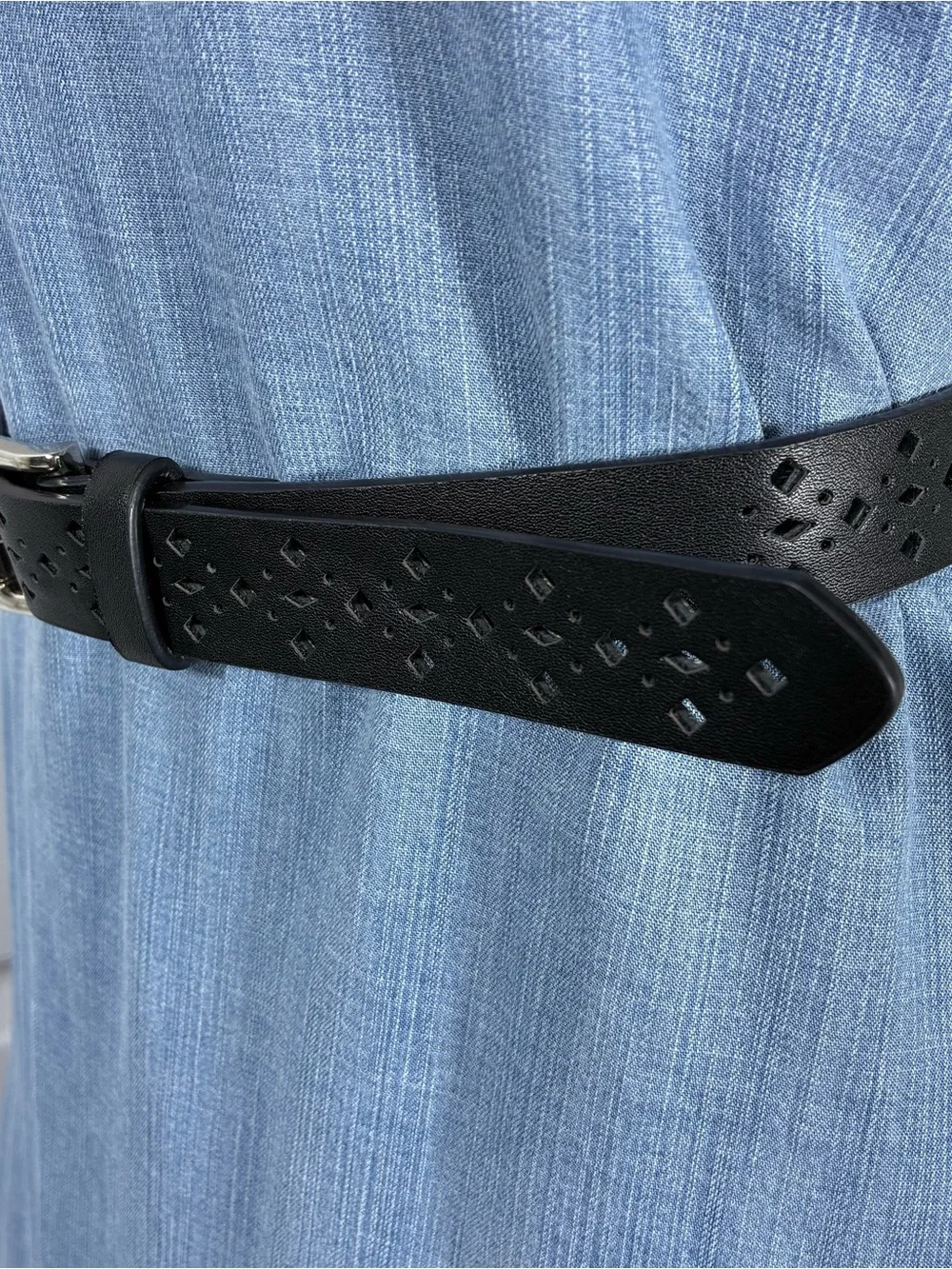 Womens belt Sz Small-Medium black faux leather pierced geometric design